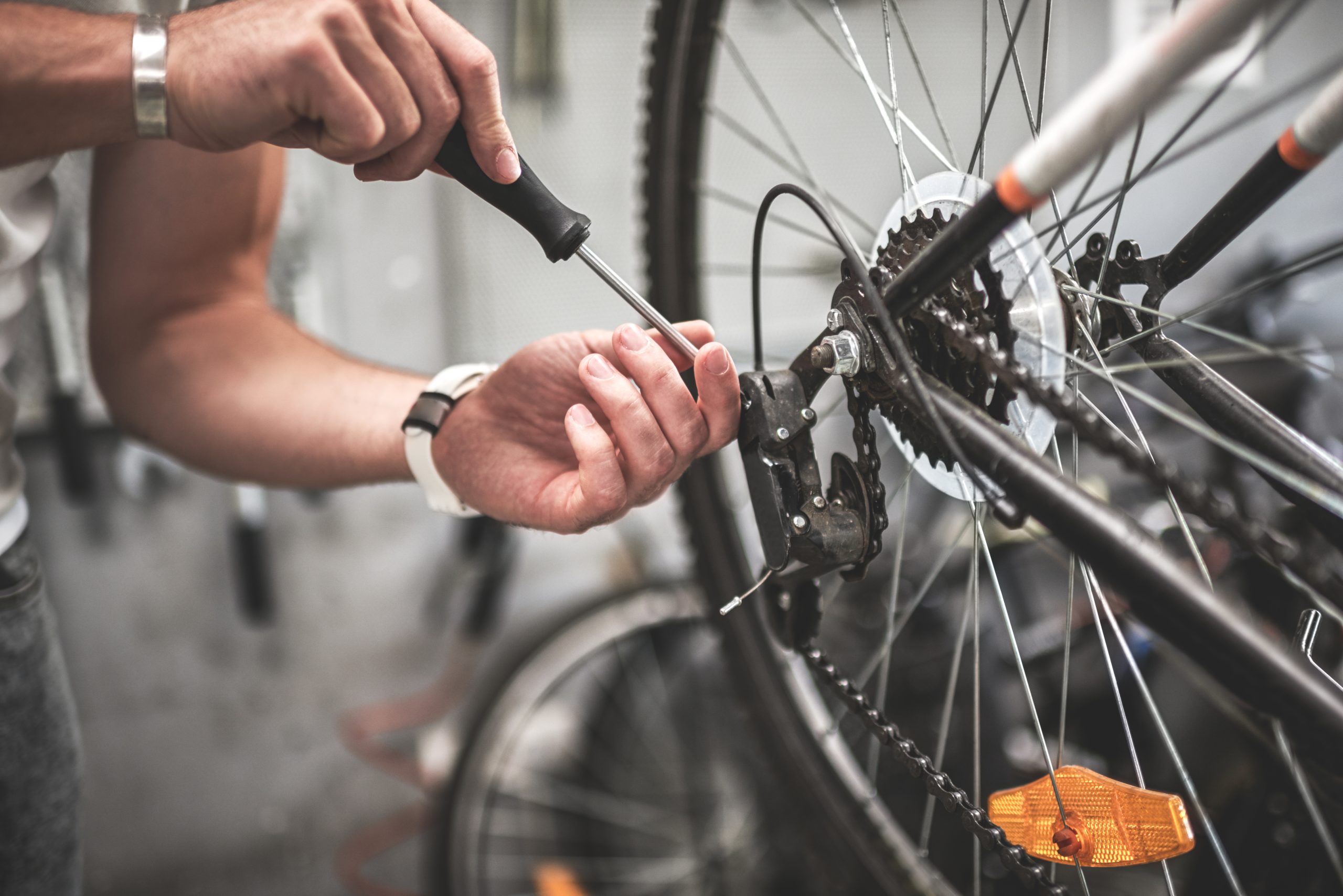 mechanic repairing bicycle rear wheel